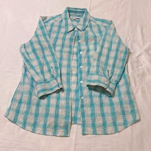 Blue and white plaid button down shirt
